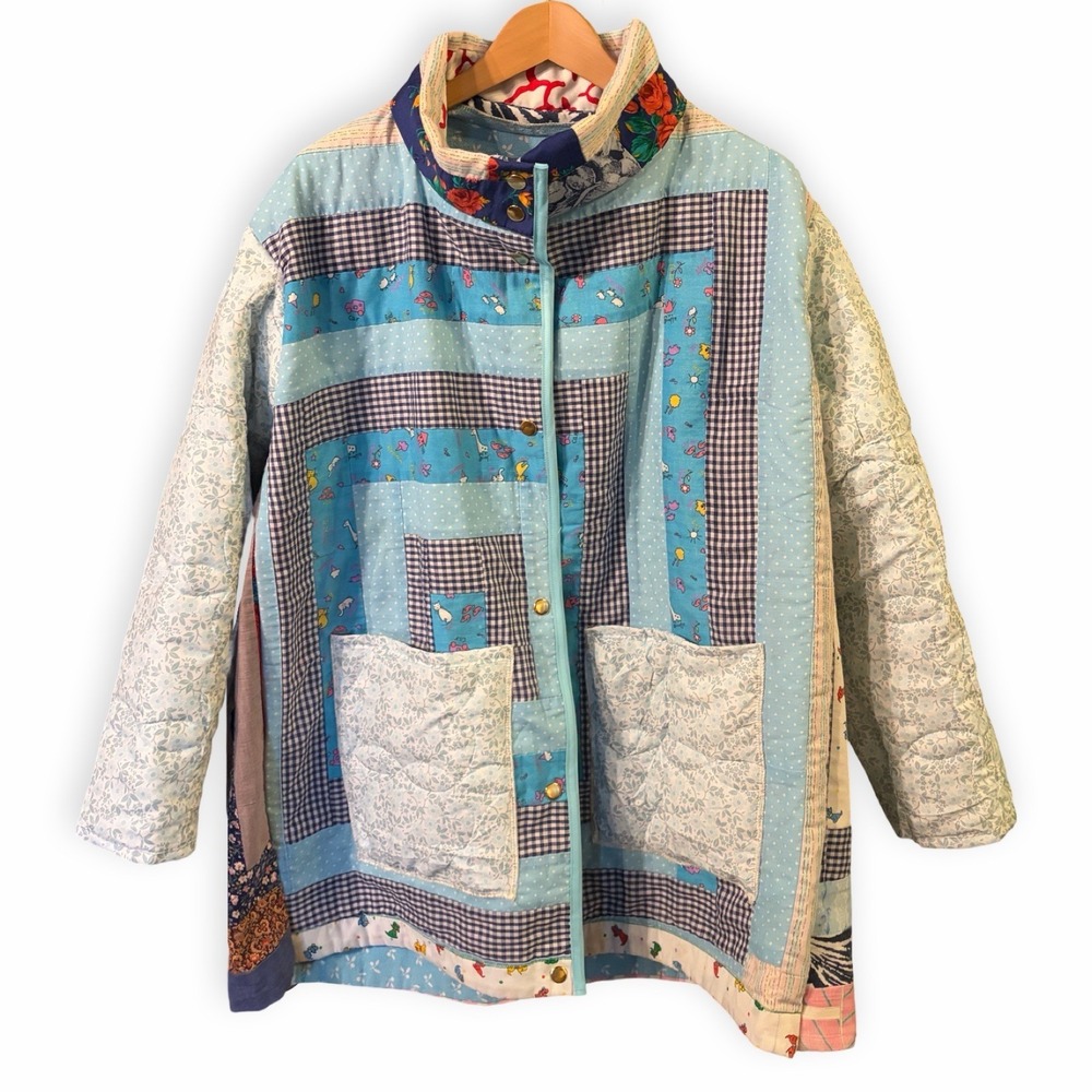 Handmade Vintage Cat Quilt Upcycled Oversized L/XXL Snap Cottagecore Jacket OOAK - Picture 5 of 10